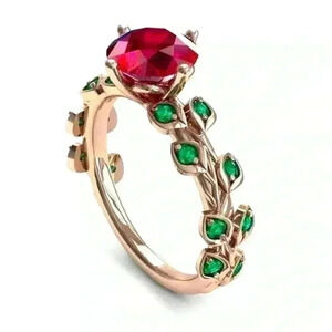 NEW Beautiful 14k Rose Gold Over Silver Ruby Emerald Rose Ring